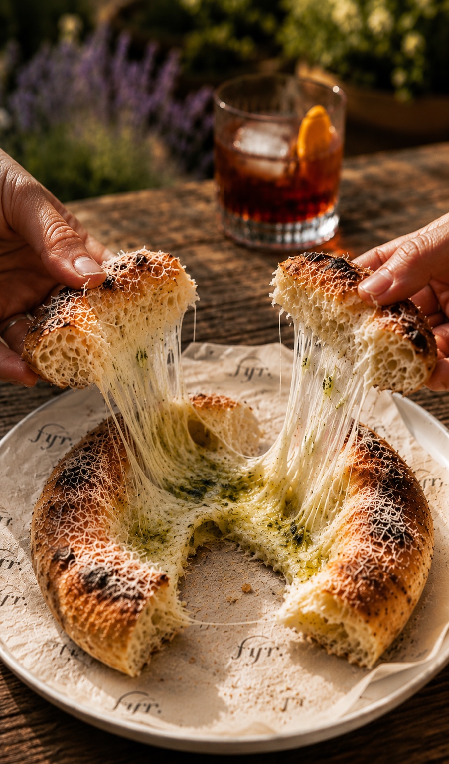 Guests pulling apart a cheese-filled bread course.