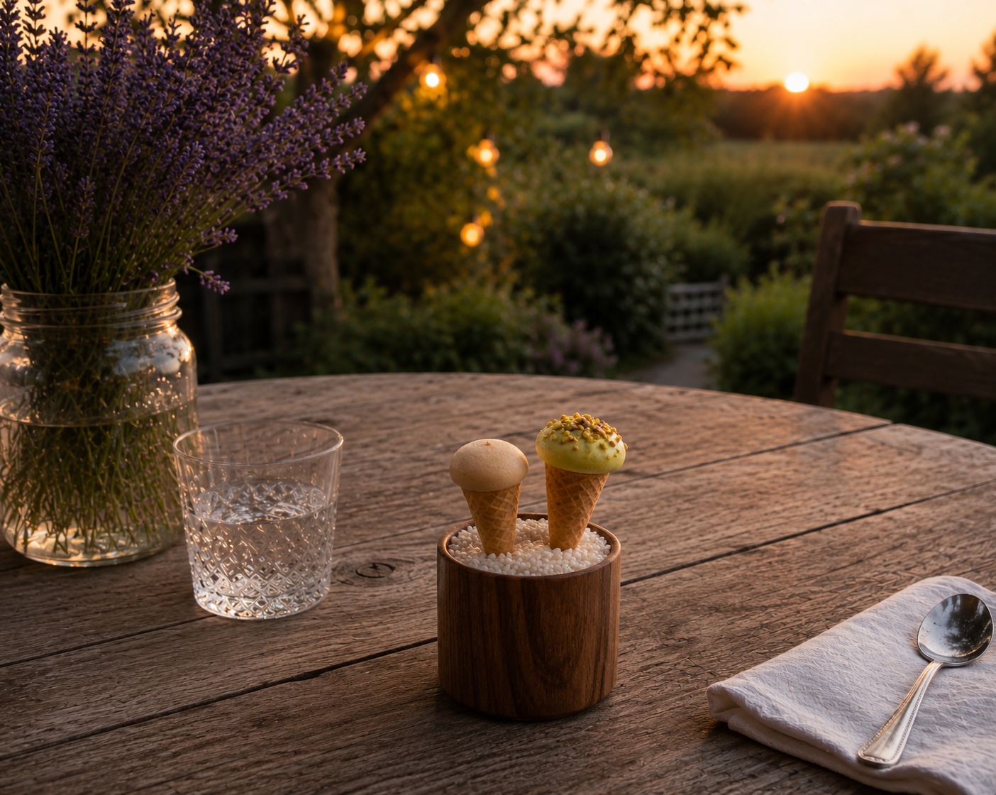 Two small ice cream cones served at sunset.