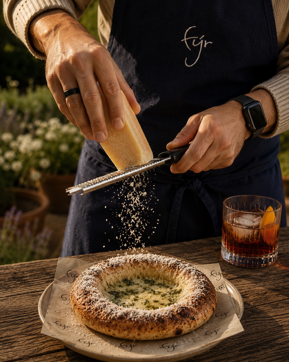 Parmesan being grated over a fyr bread course.