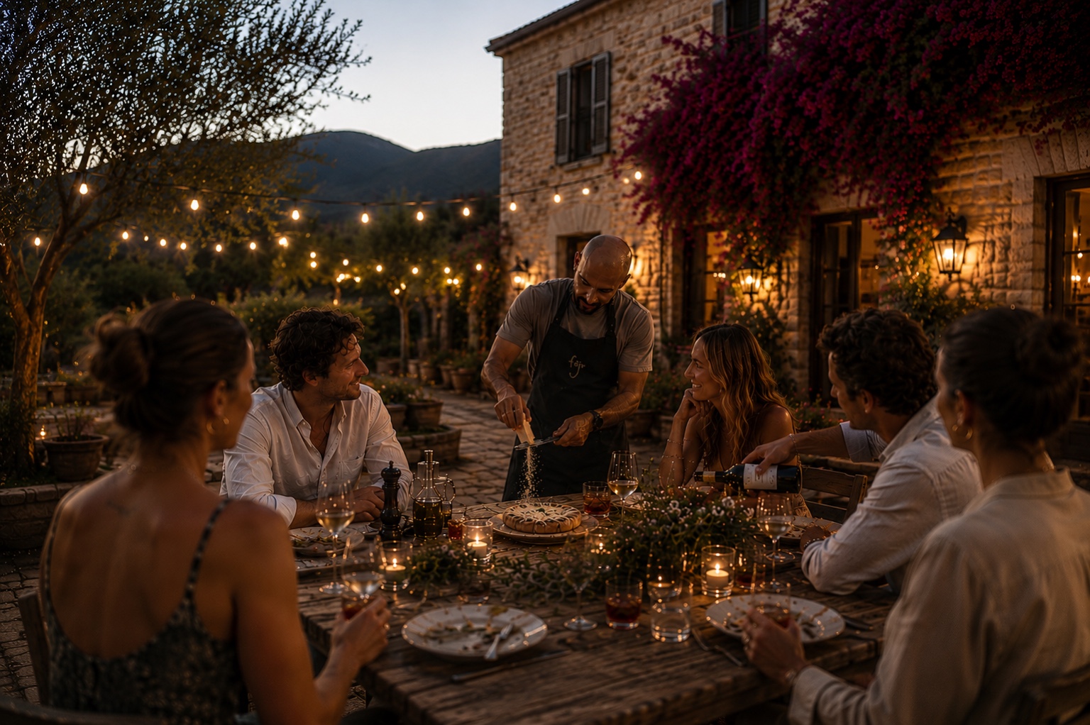 Guests gathered for a fyr dinner at dusk.