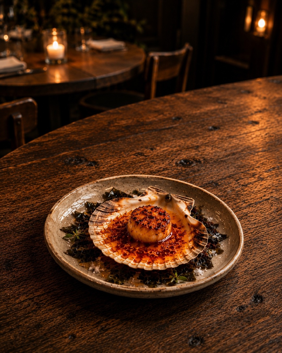 A scallop dish on shell at a wooden table.