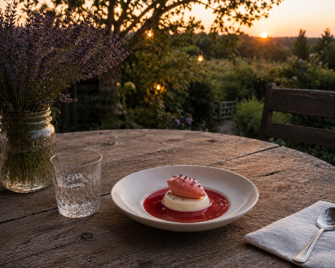 A dessert course at sunset on a rustic table.